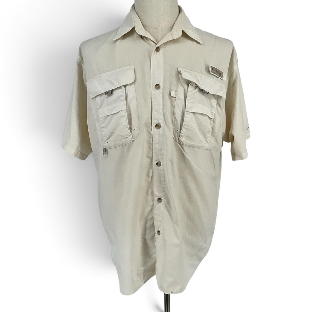 Columbia PFG Bahama II Short Sleeve Fishing Shirt Mens Medium Cream Tan